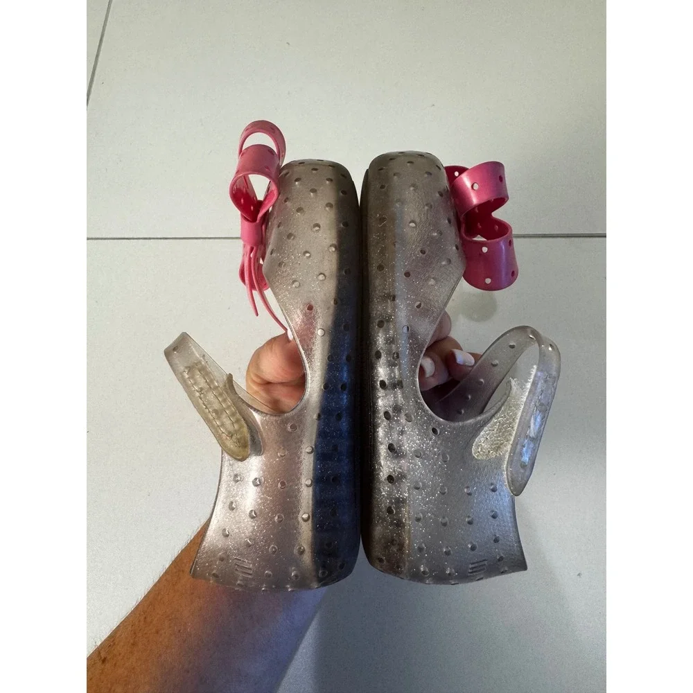 Mini Melissa Jelly Mary Jane Shoes Kids Size 9 Glitter Silver Pink Bow